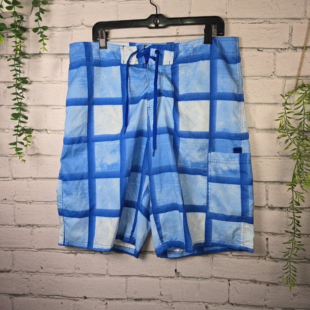 MENS TALOS SWIM SHORTS BLUE PLAID BERMUDA LENGTH SIZE 34